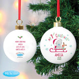personalised first christmas bauble with tiny tatty teddy design on the front