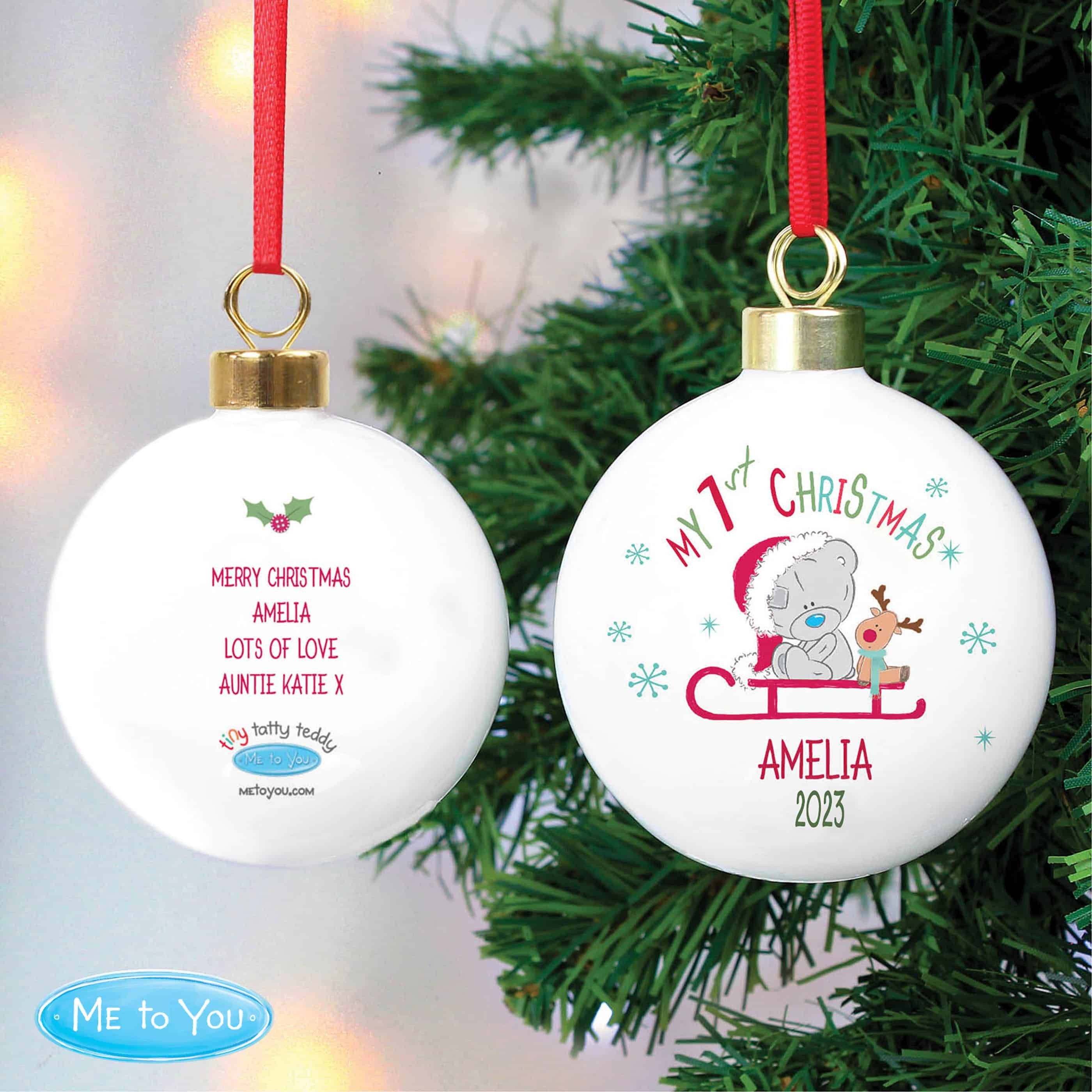 personalised first christmas bauble with tiny tatty teddy design on the front