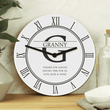 personalised white family clock with initial, surname and message.