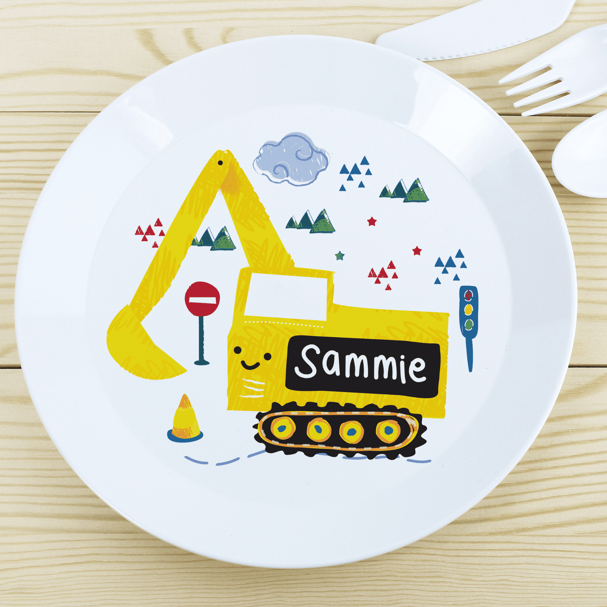 personalised digger plastic plate with any name personalised on the digger