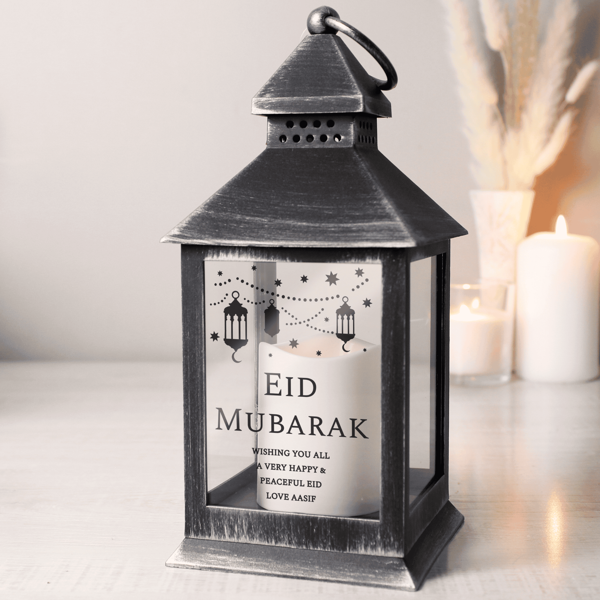 personalised black Eid and Ramadan black indoor lantern with any message over 6 lines