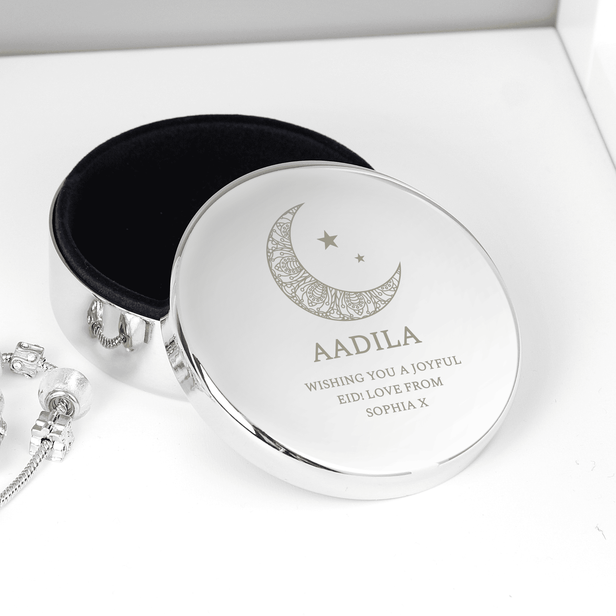 personalised eid and ramadan round trinket box with any name and a message over 3 lines engraved on the lid