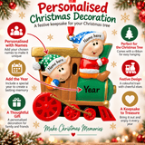 personalised elves on train christmas tree decoration names are hand personalised on the hats and the year on the train
