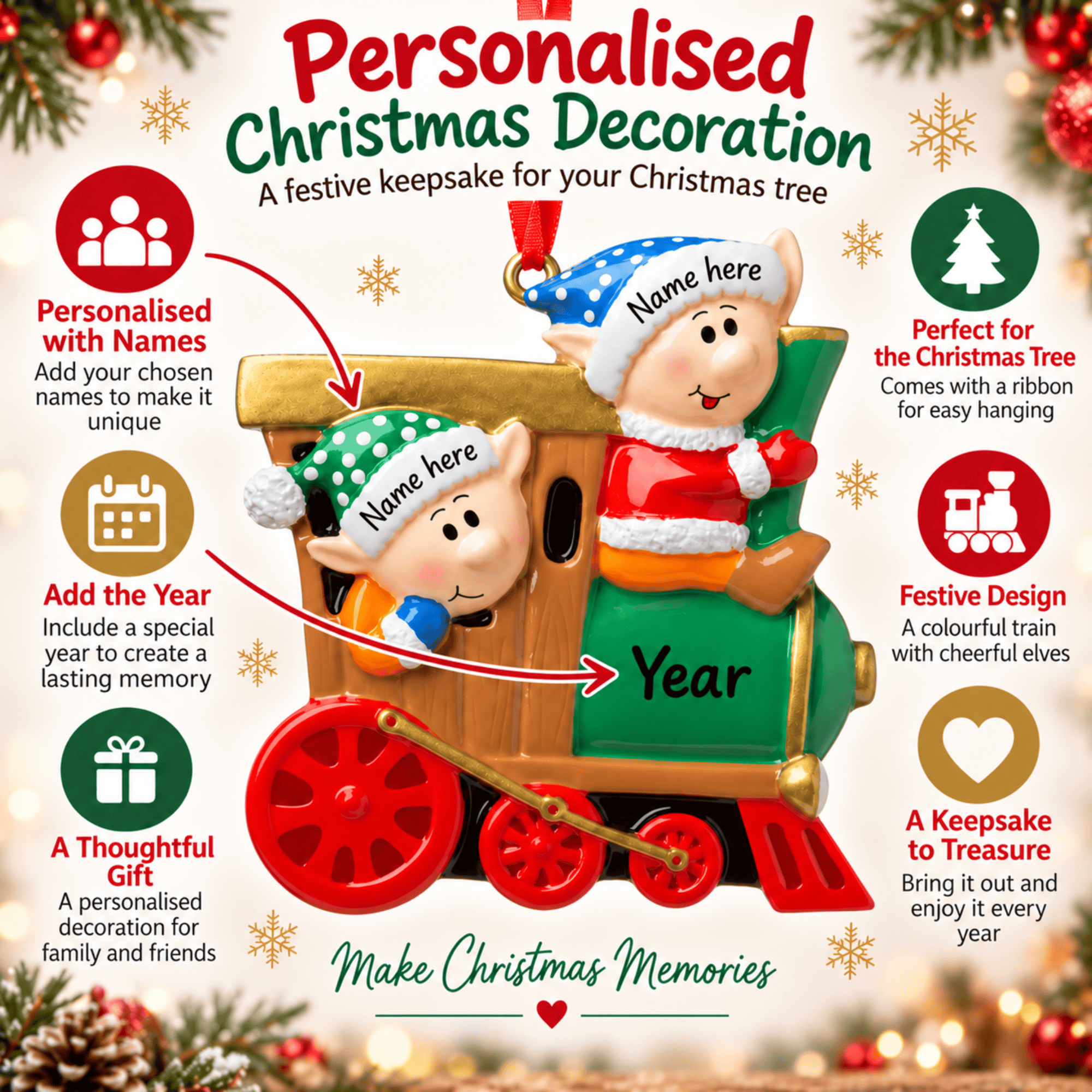 personalised elves on train christmas tree decoration names are hand personalised on the hats and the year on the train