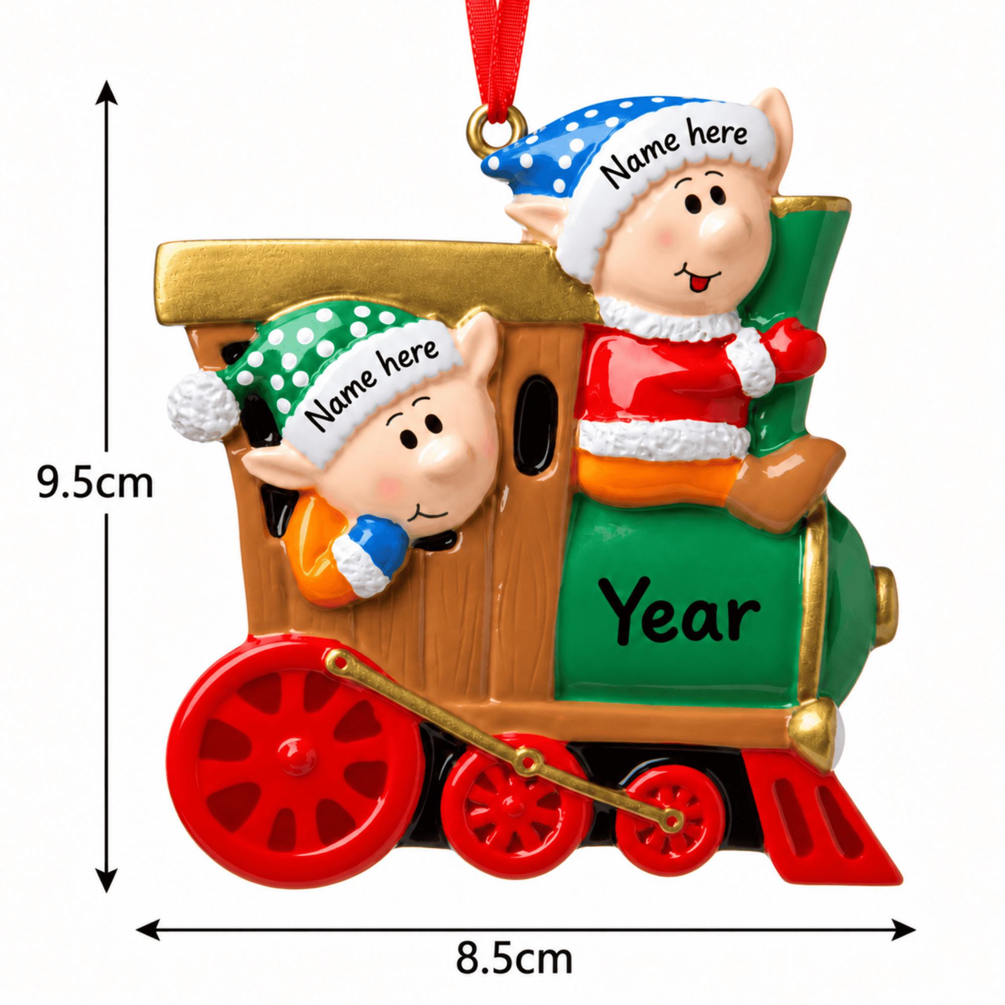 personalised elves on train christmas tree decoration names are hand personalised on the hats and the year on the train