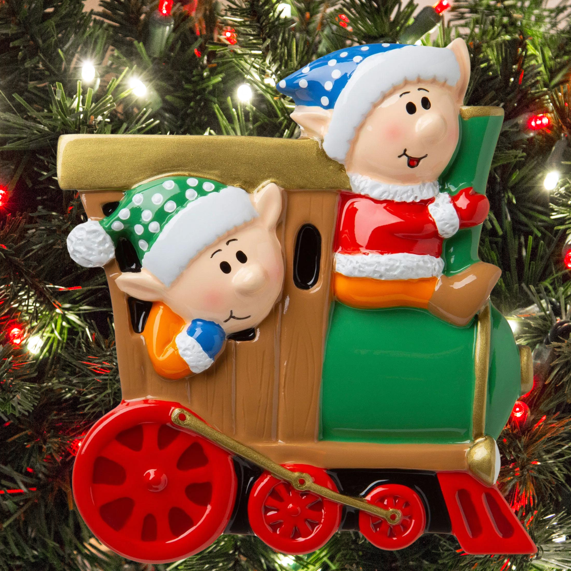 personalised elves on a train Christmas Tree Decoration