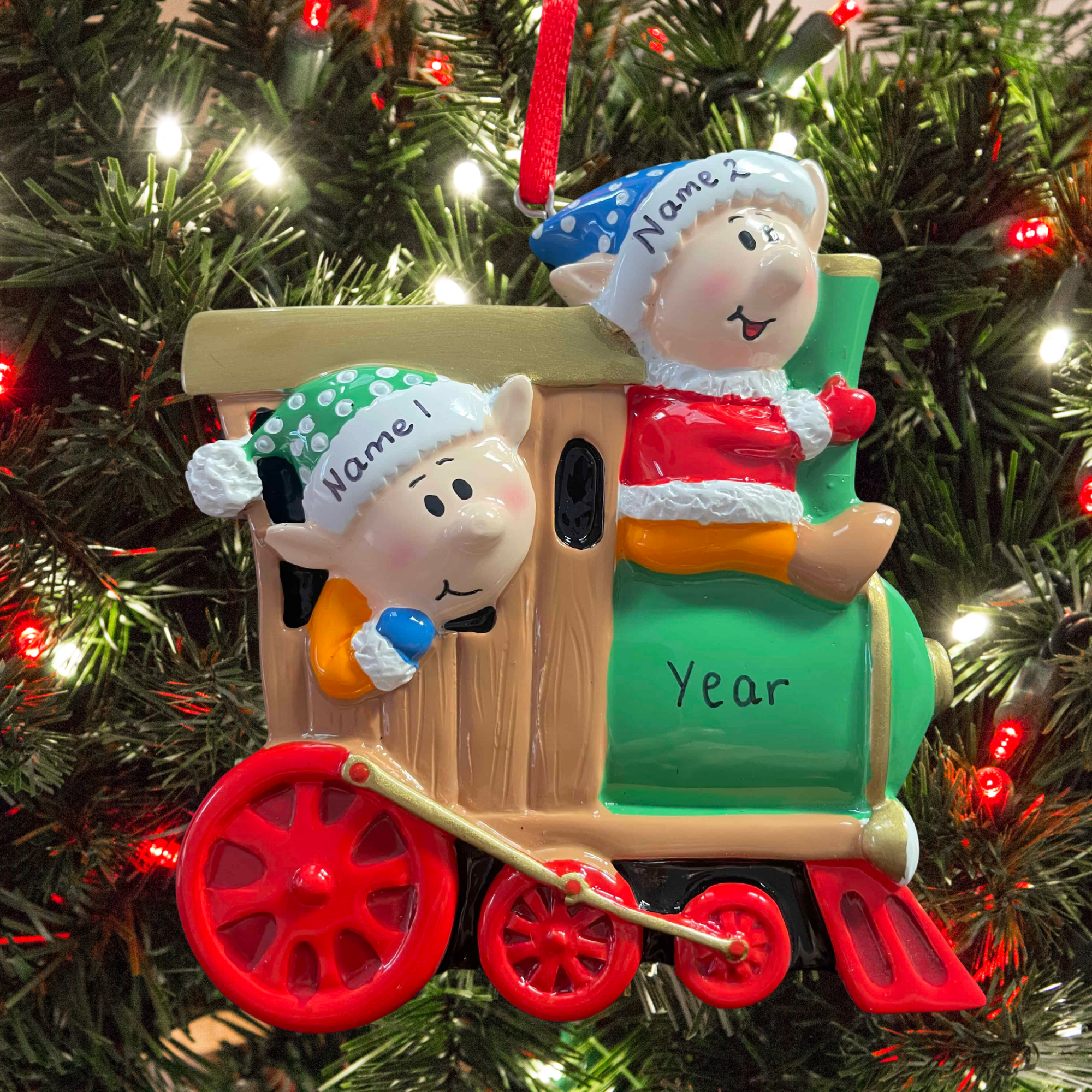 personalised elves on a train Christmas Tree Decoration