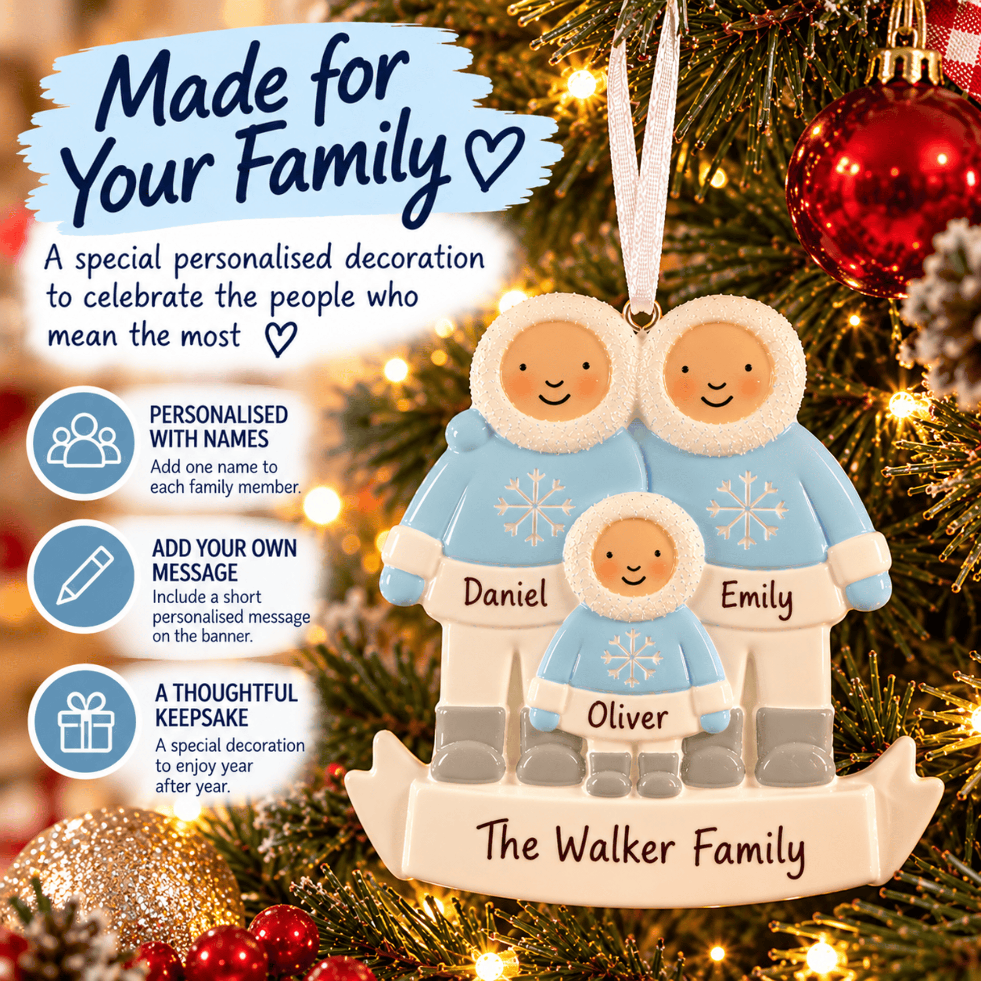 personalised eskimo family christmas tree decoration personalised with names and a short message