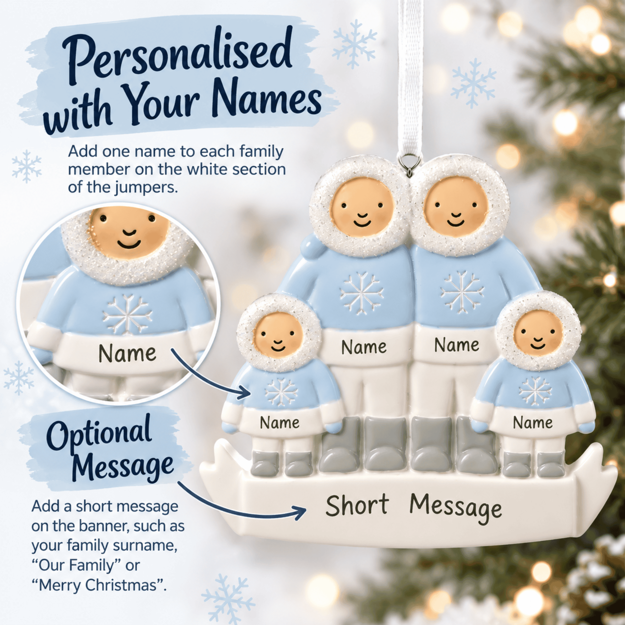 personalised eskimo family christmas tree decoration personalised with names and a short message
