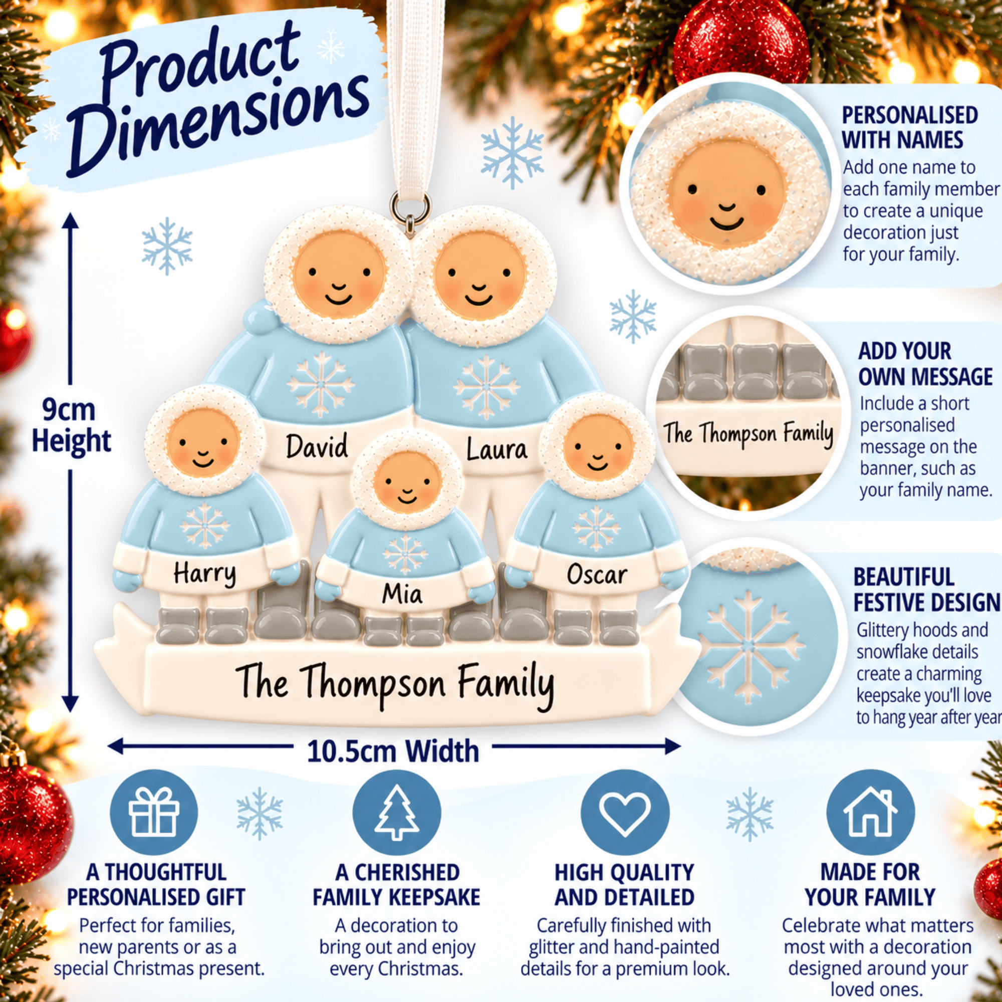 personalised eskimo family christmas tree decoration personalised with names and a short message