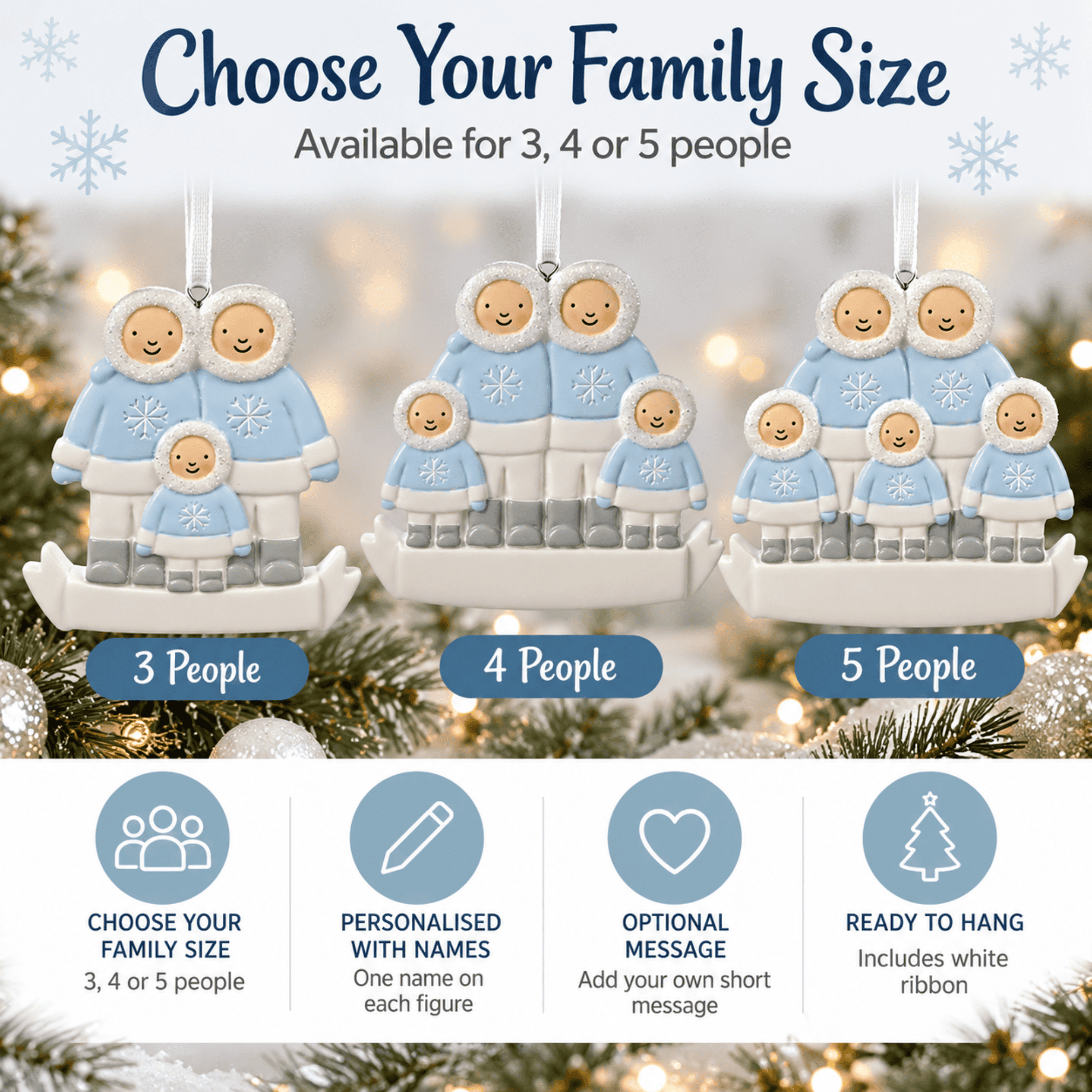 personalised eskimo family christmas tree decoration personalised with names and a short message