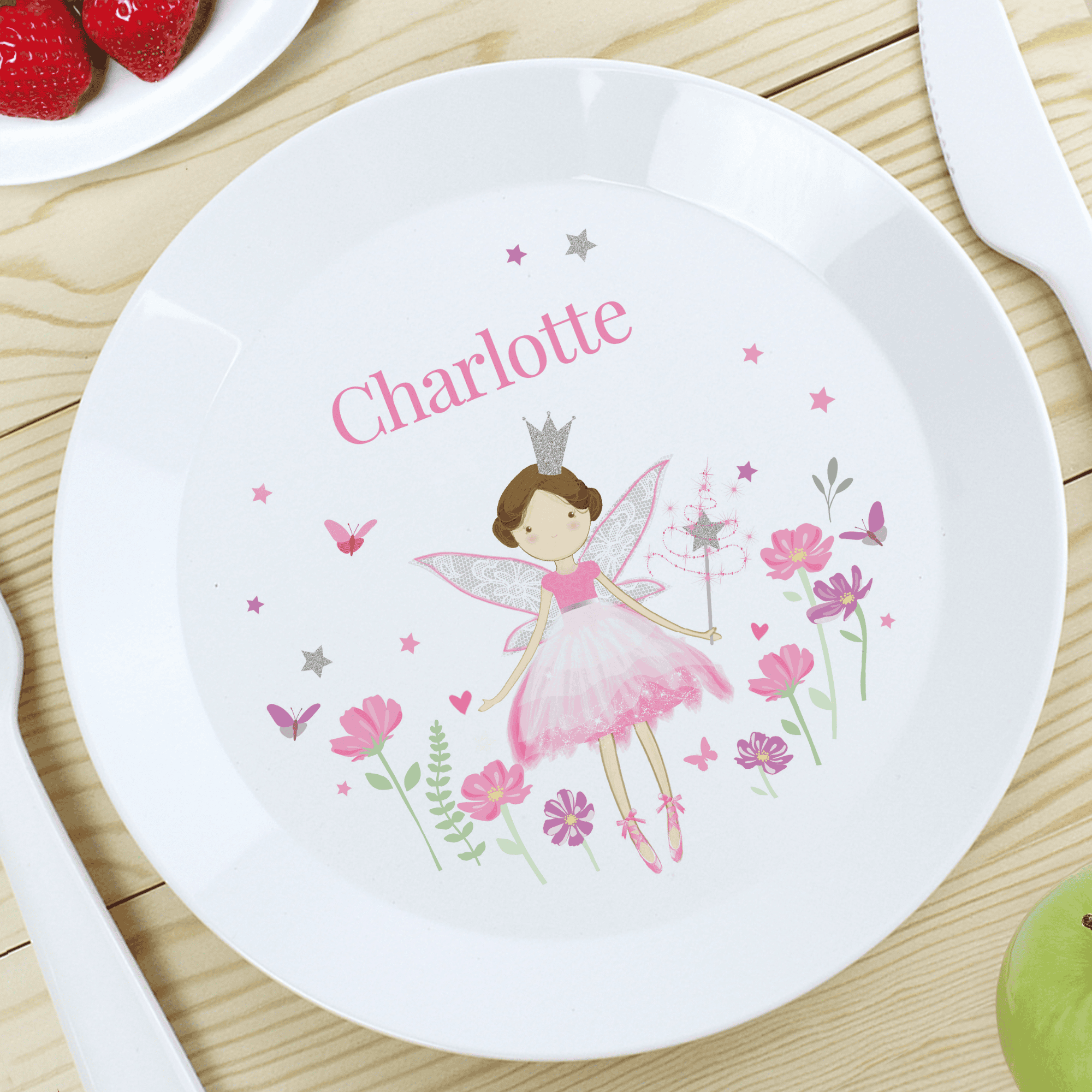 personalised fairy princess plastic plate with any name personalised above the fairy design