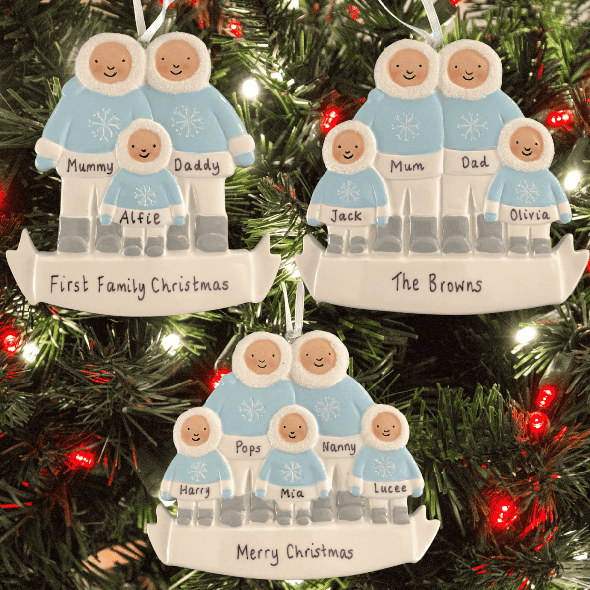 personalised christmas tree decoration showing the different sizes available.