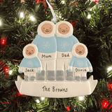 family of 4 personalised chirstmas tree decoration on a christmas tree background