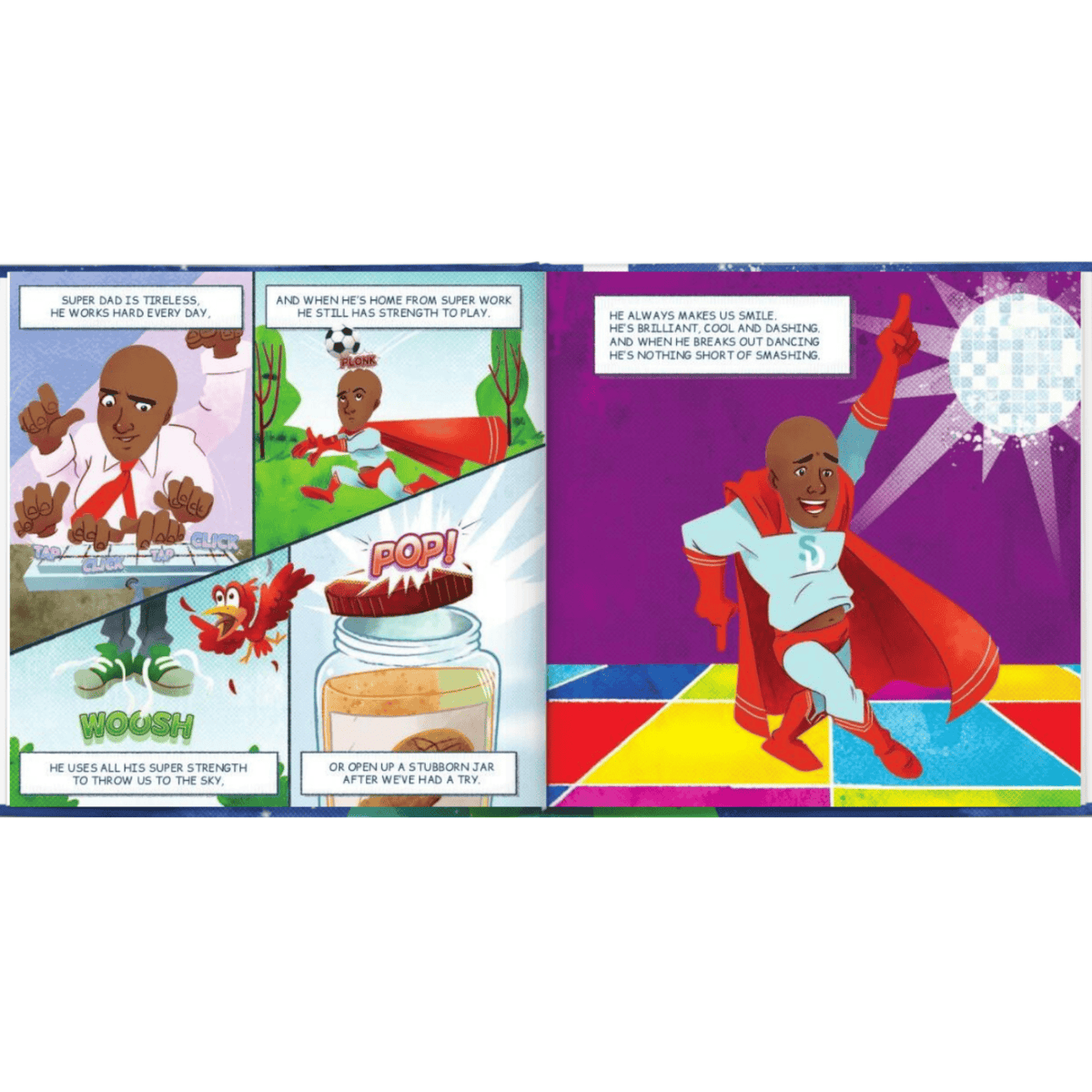 inside pages of the illustrated cartoon book super dad personalised the way you want