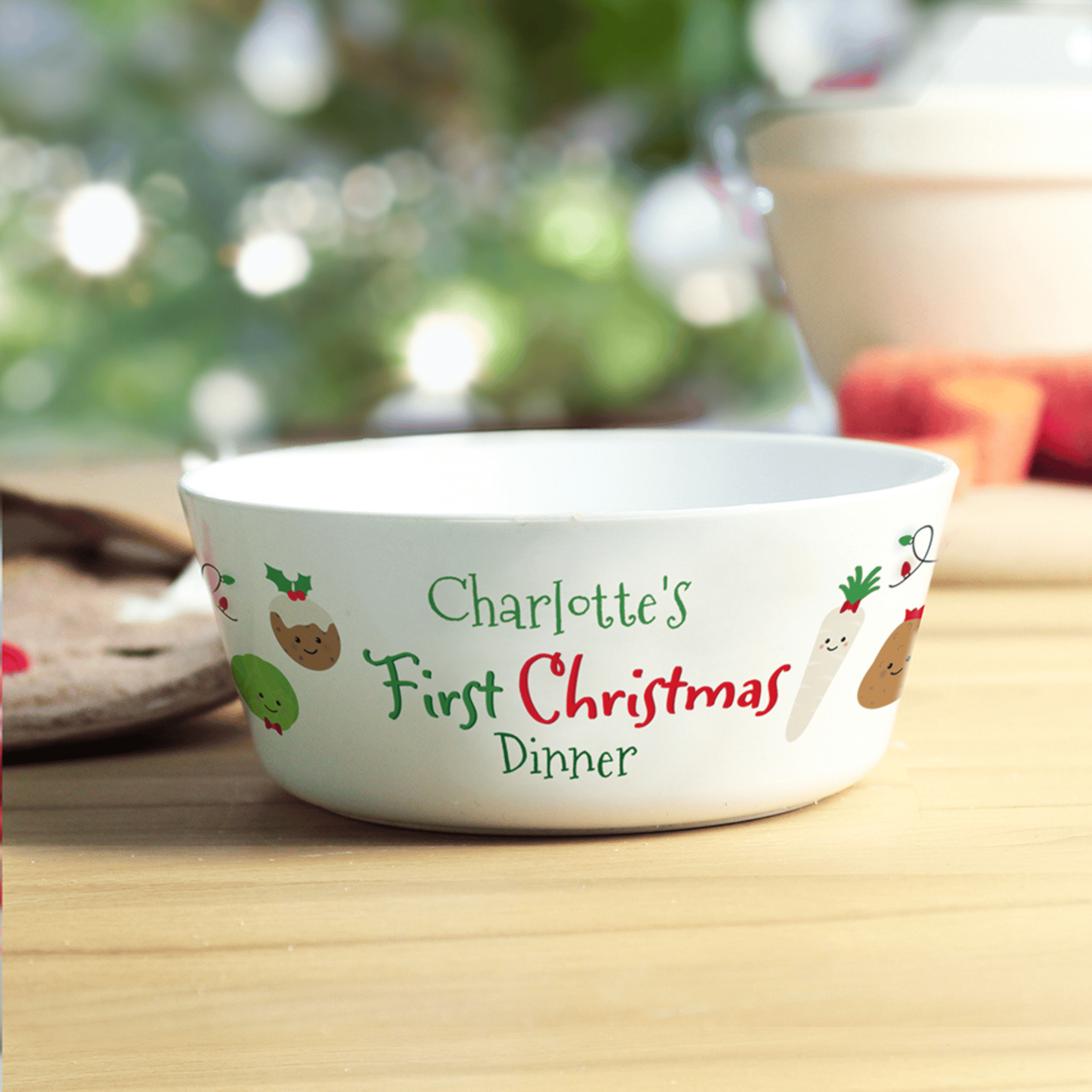 personalised first christmas plastic bowl with any name personalised on the side of the bowl