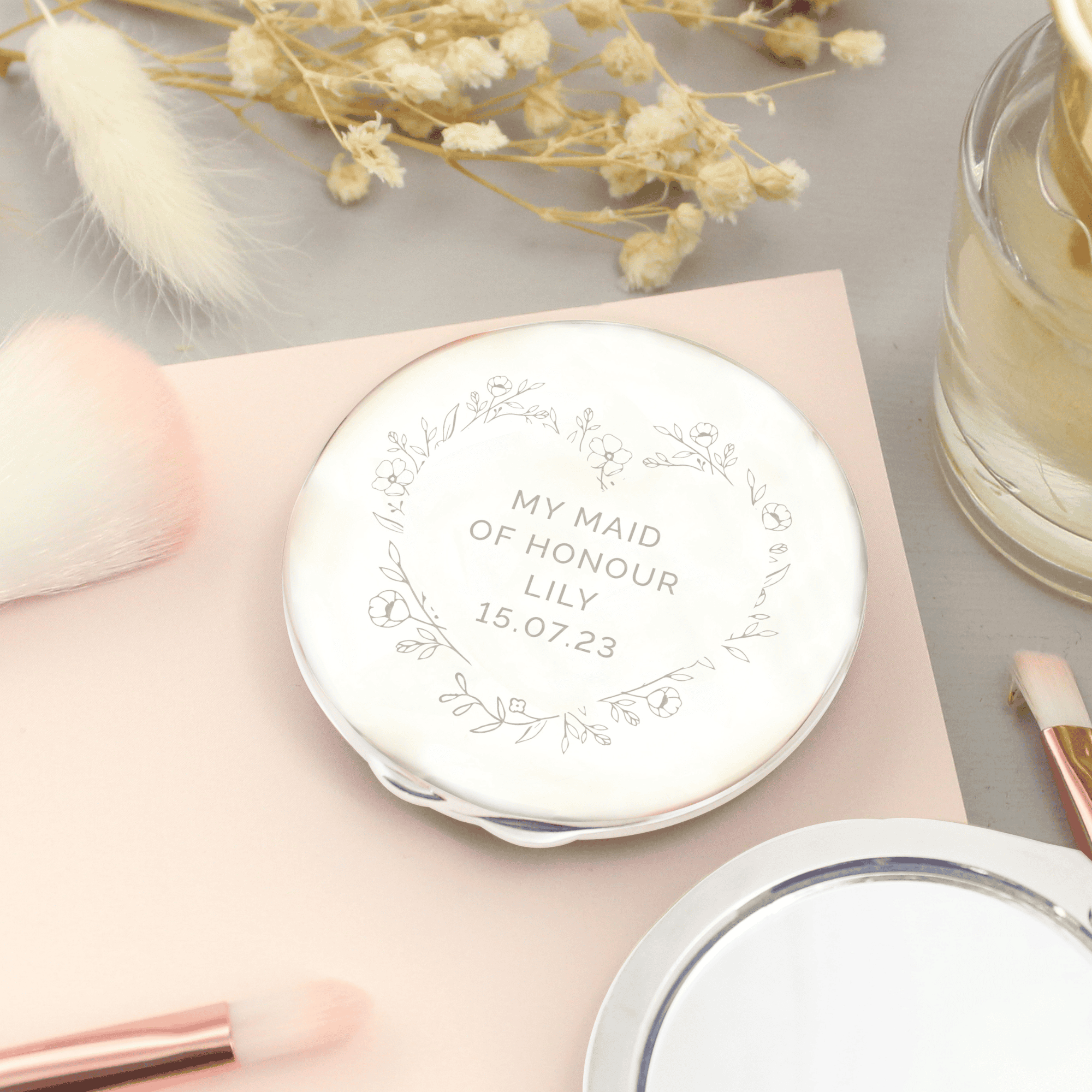 personalised floral heart compact mirror engraved with any message over  4 lines