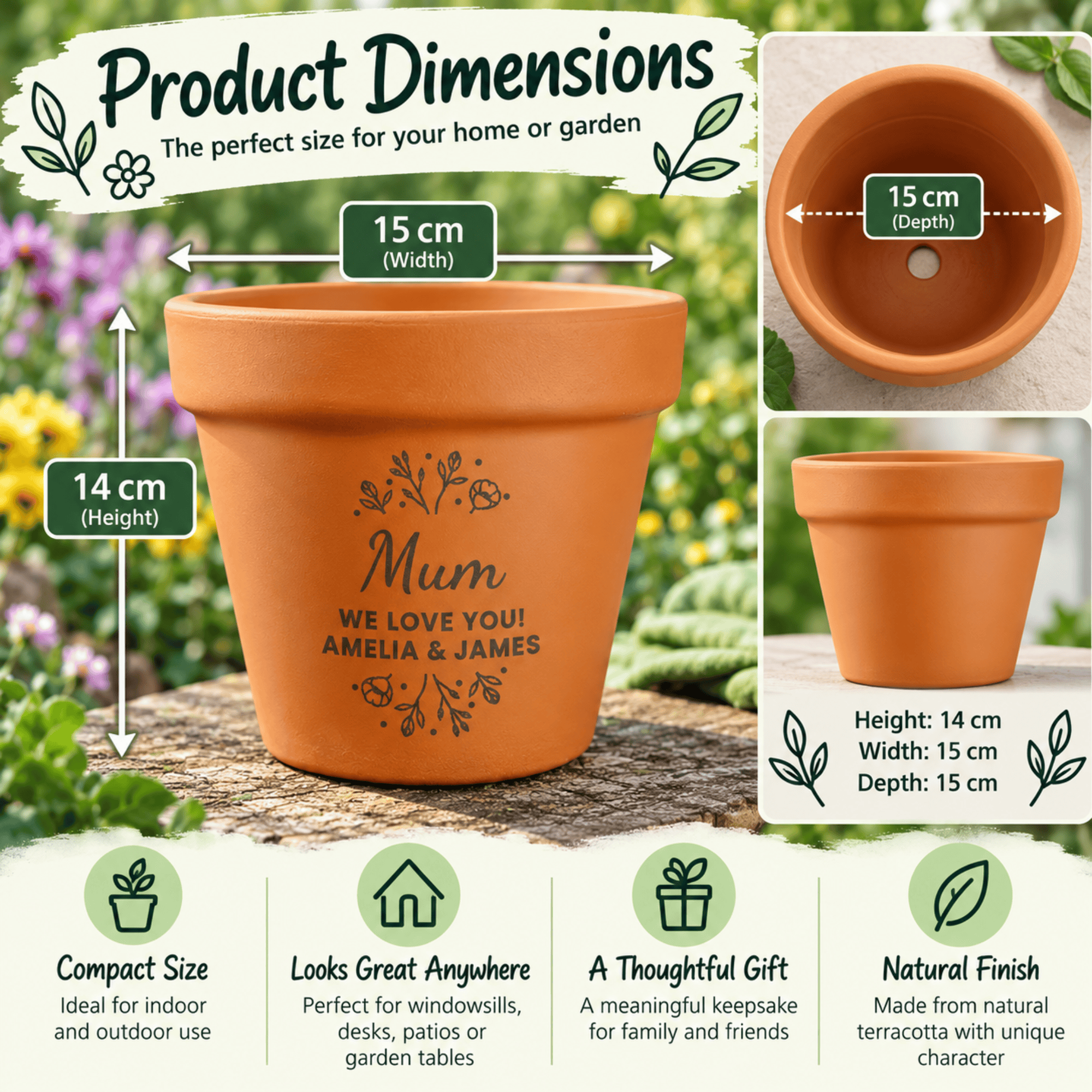 personalised floral terracotta plant pot with any name and 2 lines of a message