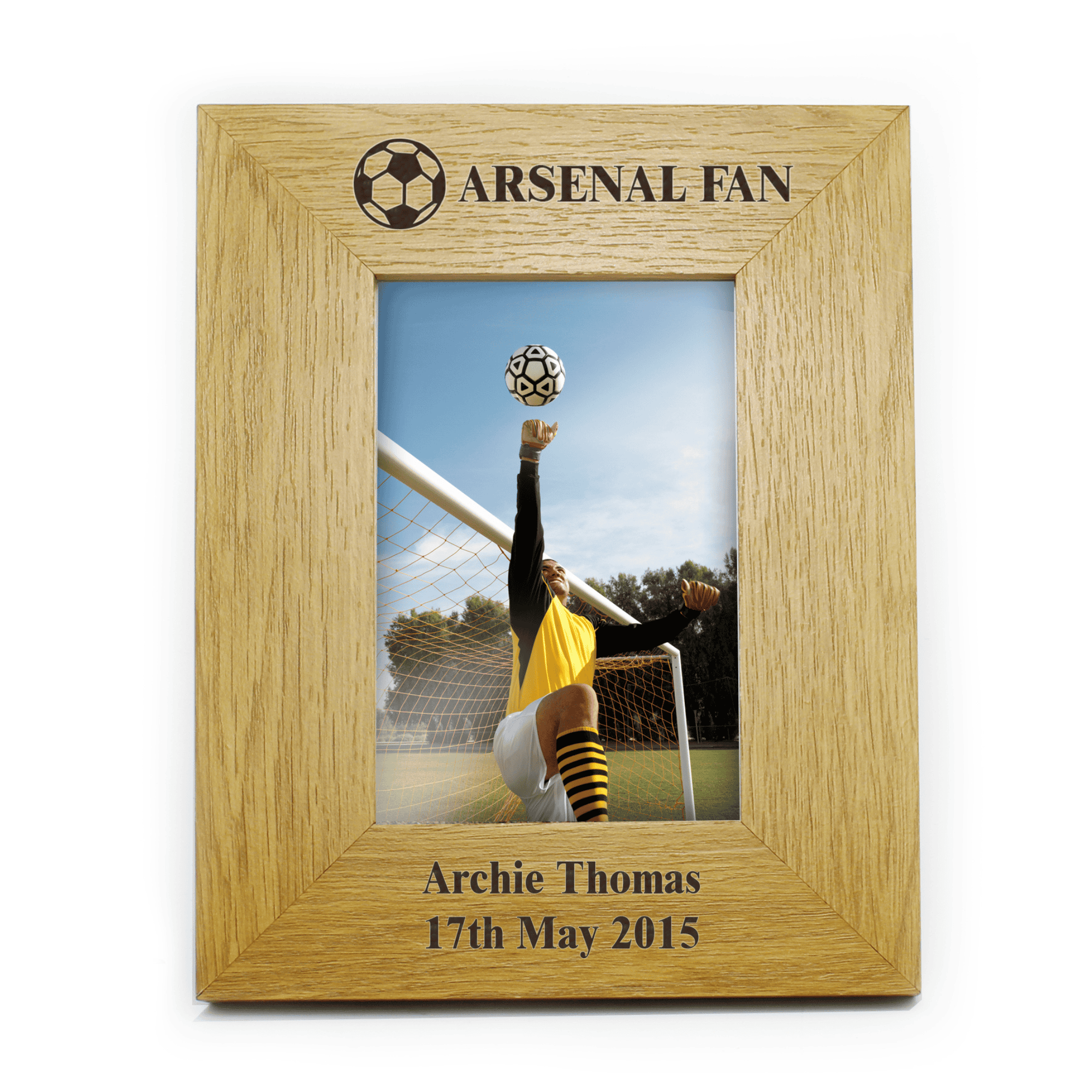 personalised football photo frame with a message above the photo and 2 lines below