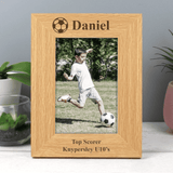 personalised football photo frame with a message above the photo and 2 lines below