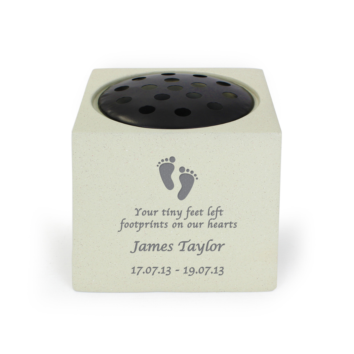 personalised footprint memorial with the child's name and date engraved on the front