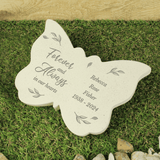butterfly memorial stone with  the message forever and always in our hearts on the left wing and any message engraved over 4 lines on the right wing