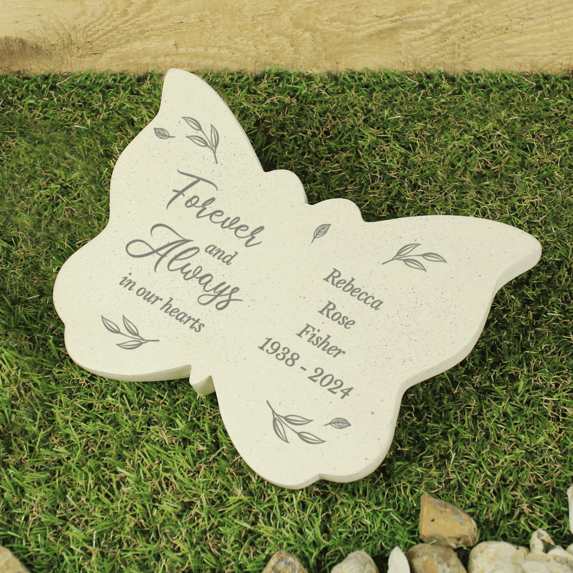butterfly memorial stone with  the message forever and always in our hearts on the left wing and any message engraved over 4 lines on the right wing