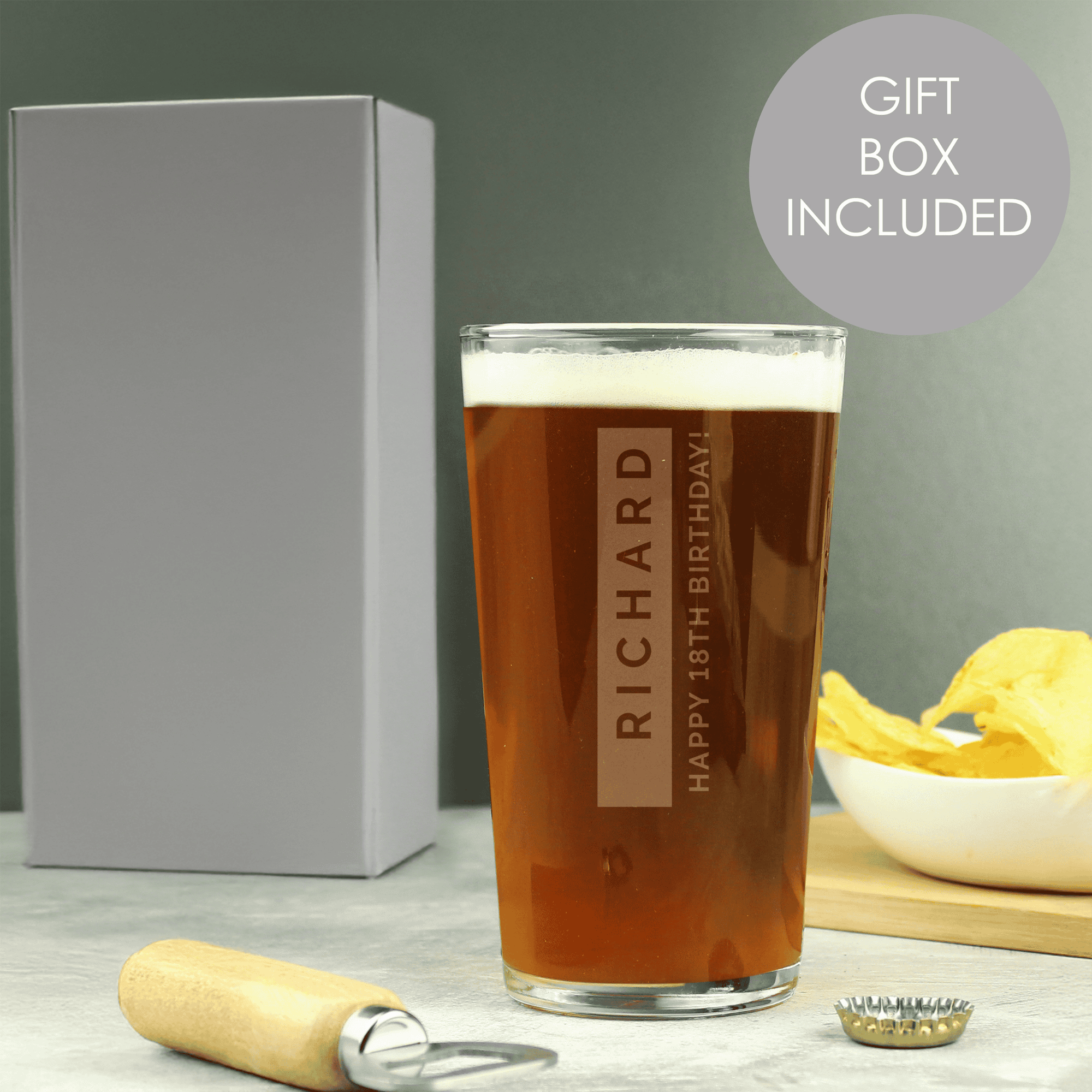 personalised free text pint glass and name and message will go up and down on the glass