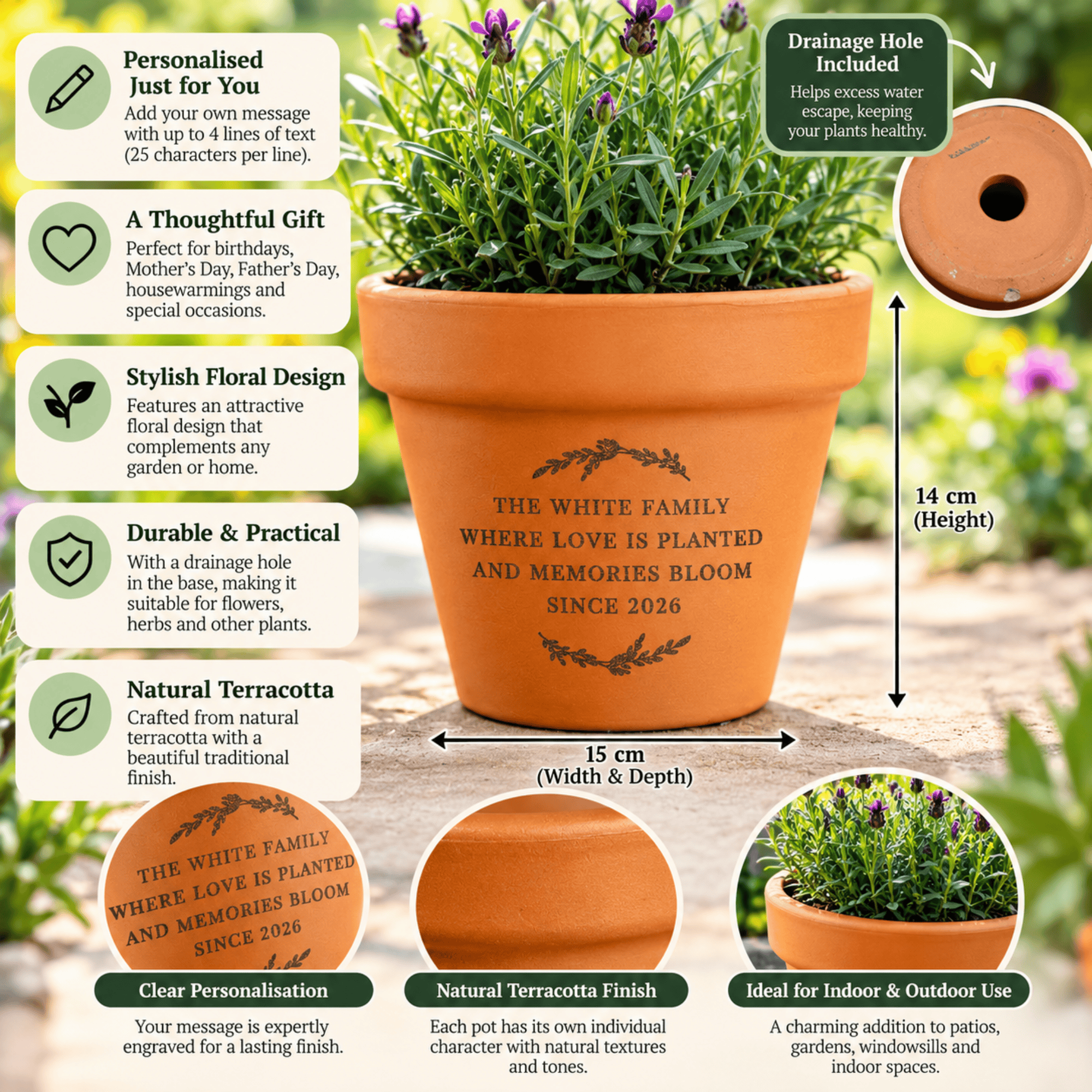 personalised floral terracotta plant pot with any message over 4 lines