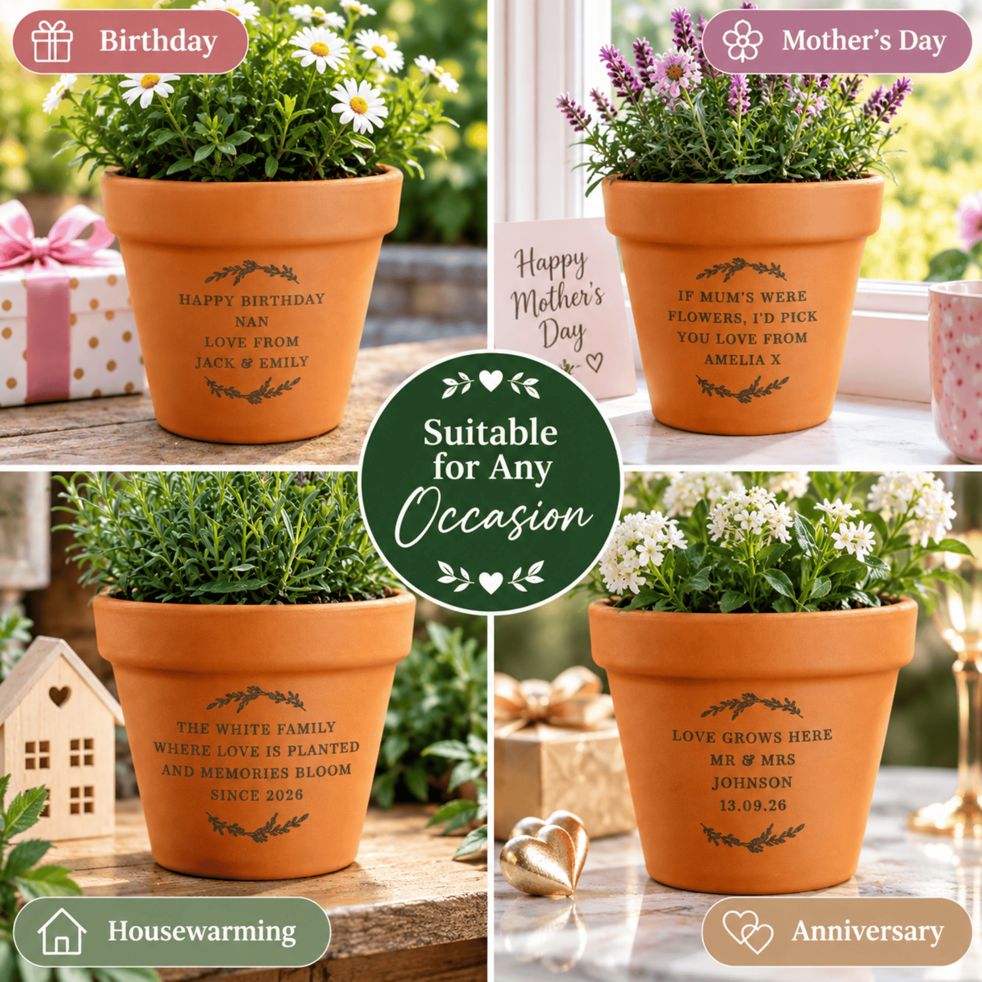 personalised floral terracotta plant pot with any message over 4 lines