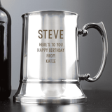 engraved steel tankard personalised with a name in larger font and a message over 4 lines on the front