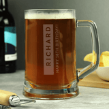 personalised tankard with a name on a strip and a short message underneath, horizontally