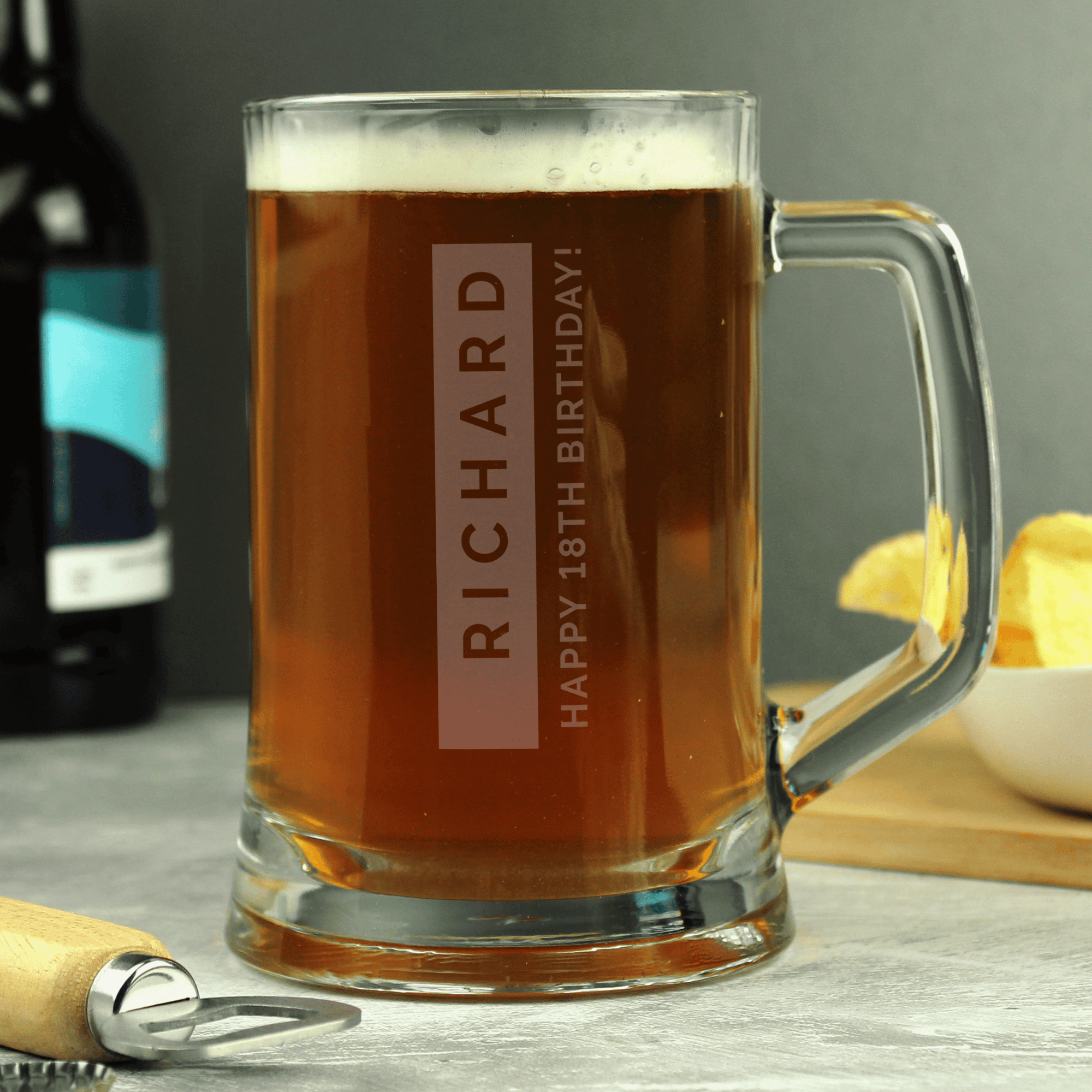 personalised tankard with a name on a strip and a short message underneath, horizontally