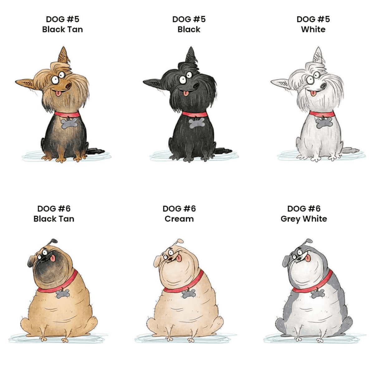 Cartoon dogs showing the different breeds available to personalise this book with