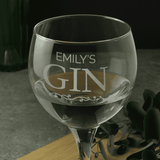 personalised gin balloon glass with the person's name engraved above the word gin