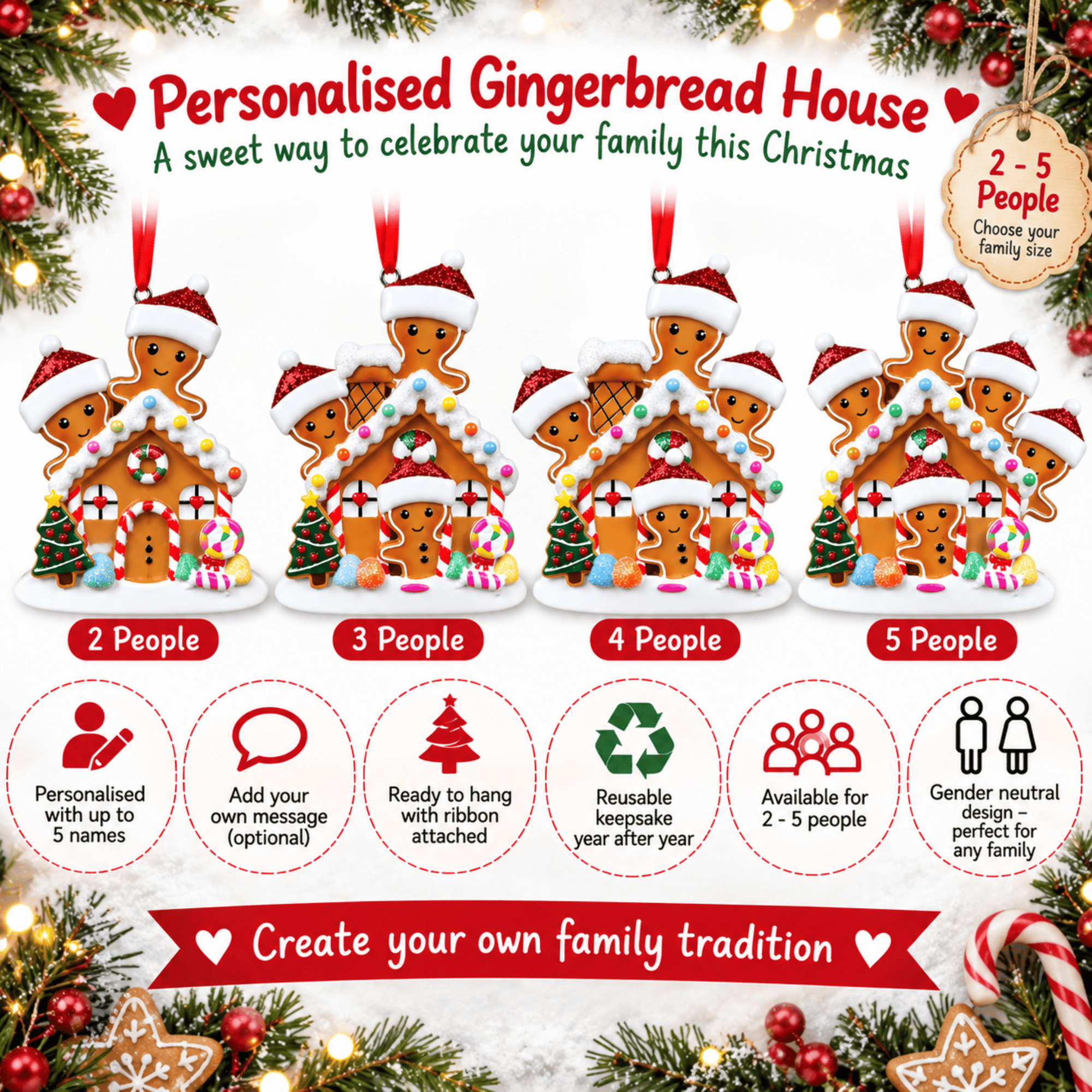 personalised gingerbread family christmas tree decoration for 2- 5 people