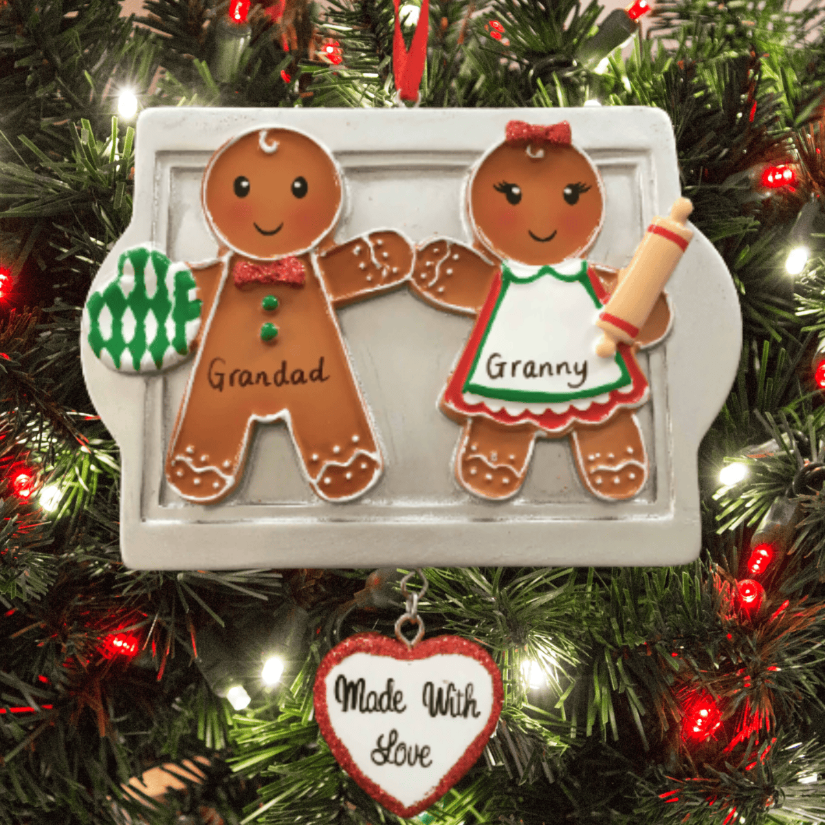 gingerbread couple tree decoration showing the personalisation