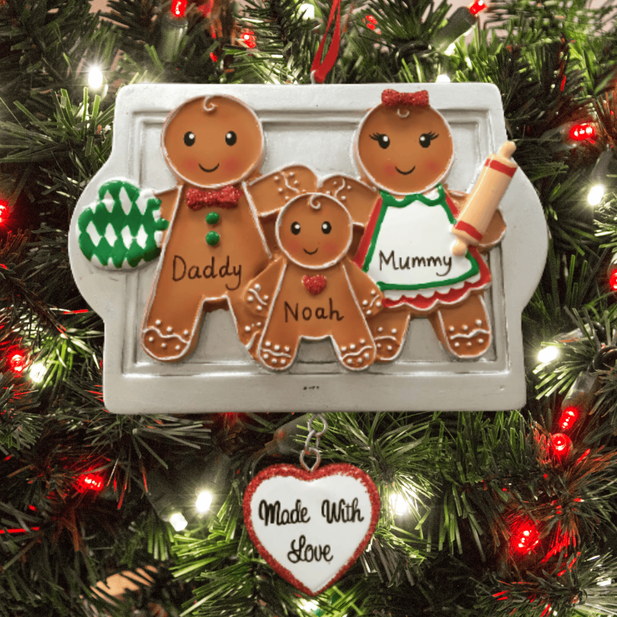 gingerbread family of 3 christmas tree decoration showing the personalisation