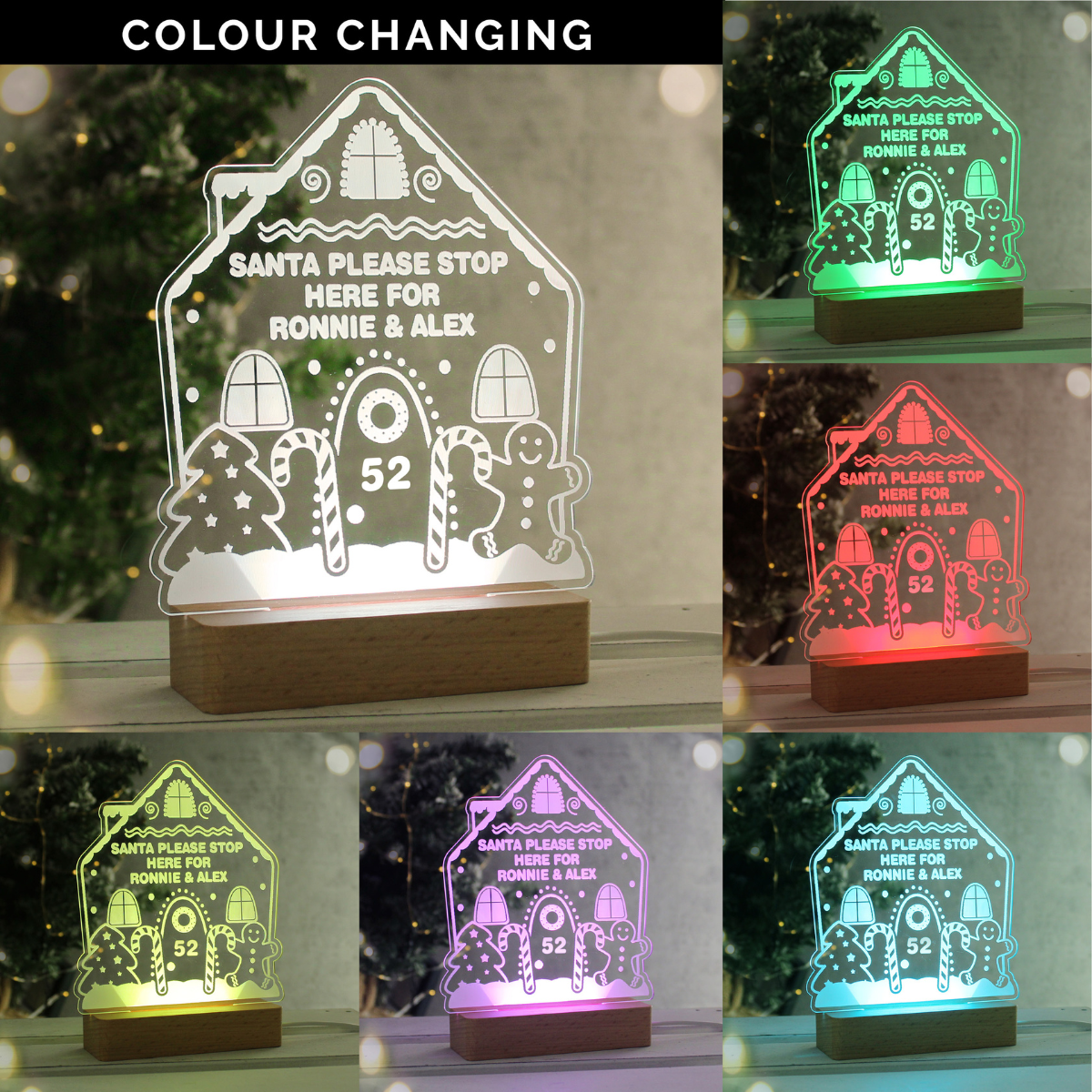 personalised gingerbread LED house showing it in the various colours