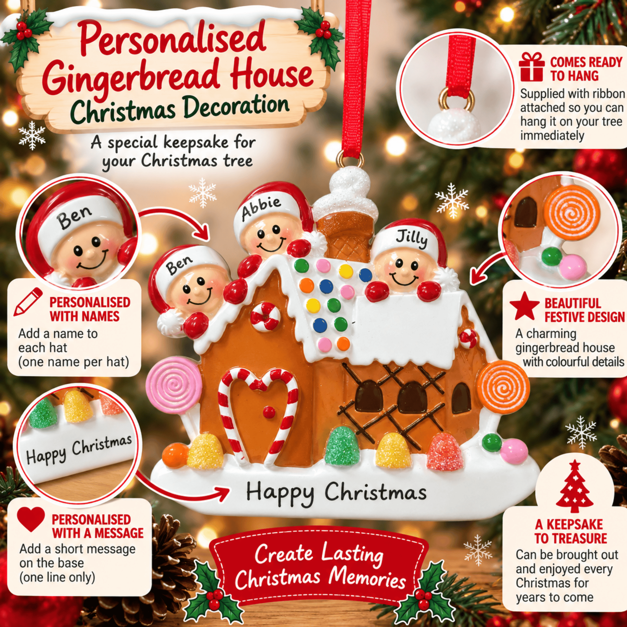 gingerbread house family of 3 tree decoration