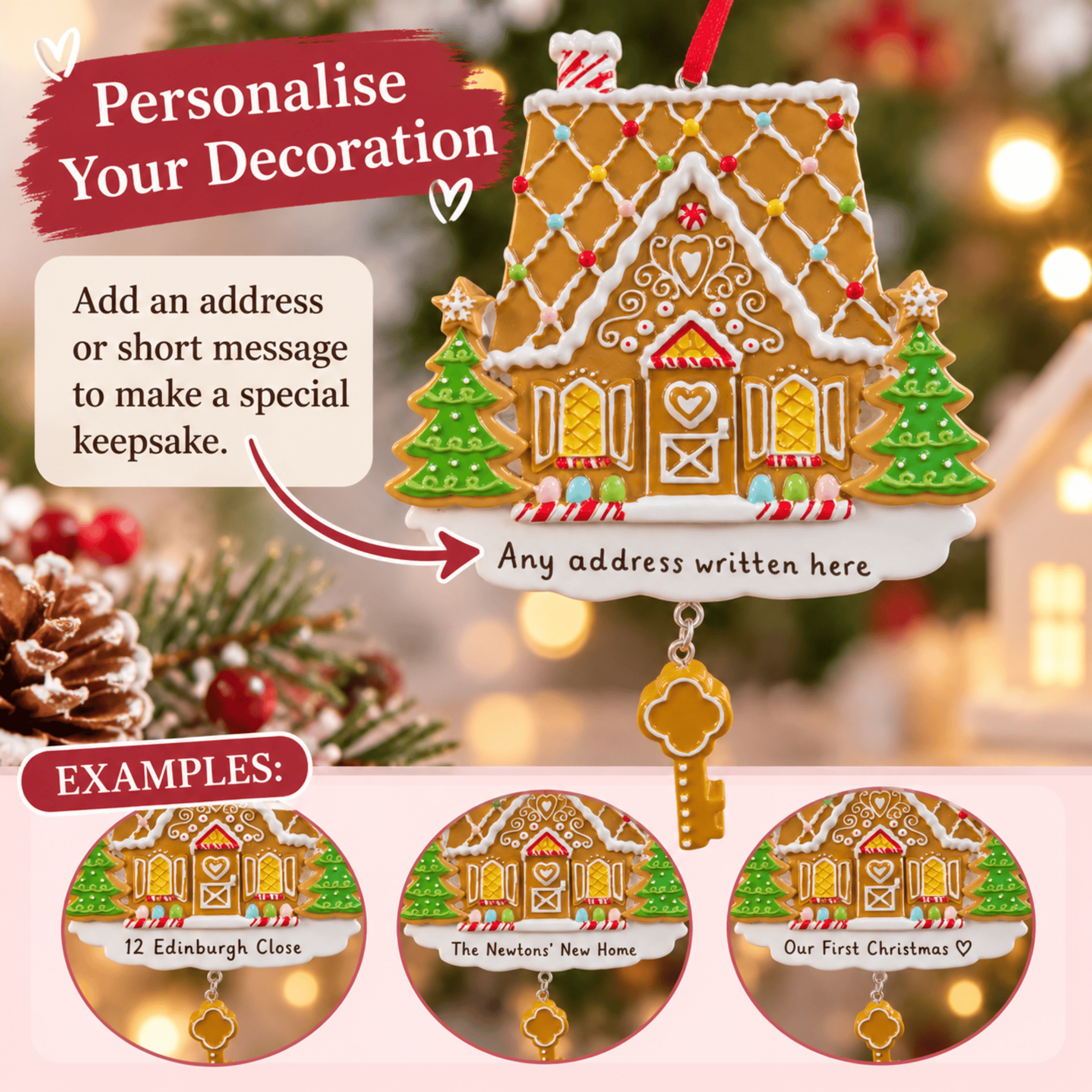 gingerbread house christmas tree decoration personalised with one line of text