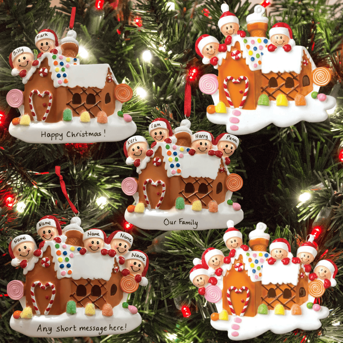 personalised gingerbread house christmas tree decoration showing a collage of the different family sizes