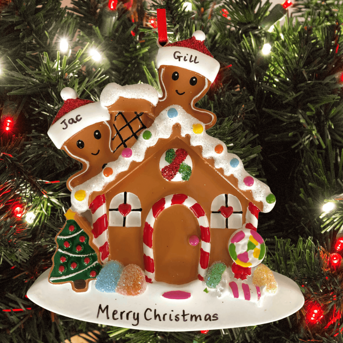 personalised gingerbread house tree decoration for a family of 5