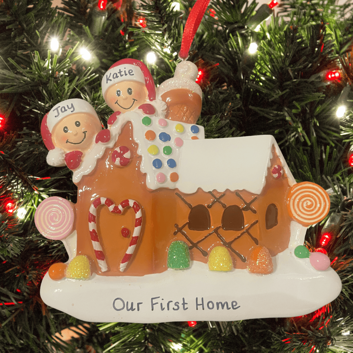 personalised gingerbread house tree decoration for a family of 2