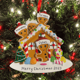 personalised gingerbread house tree decoration for a family of 3