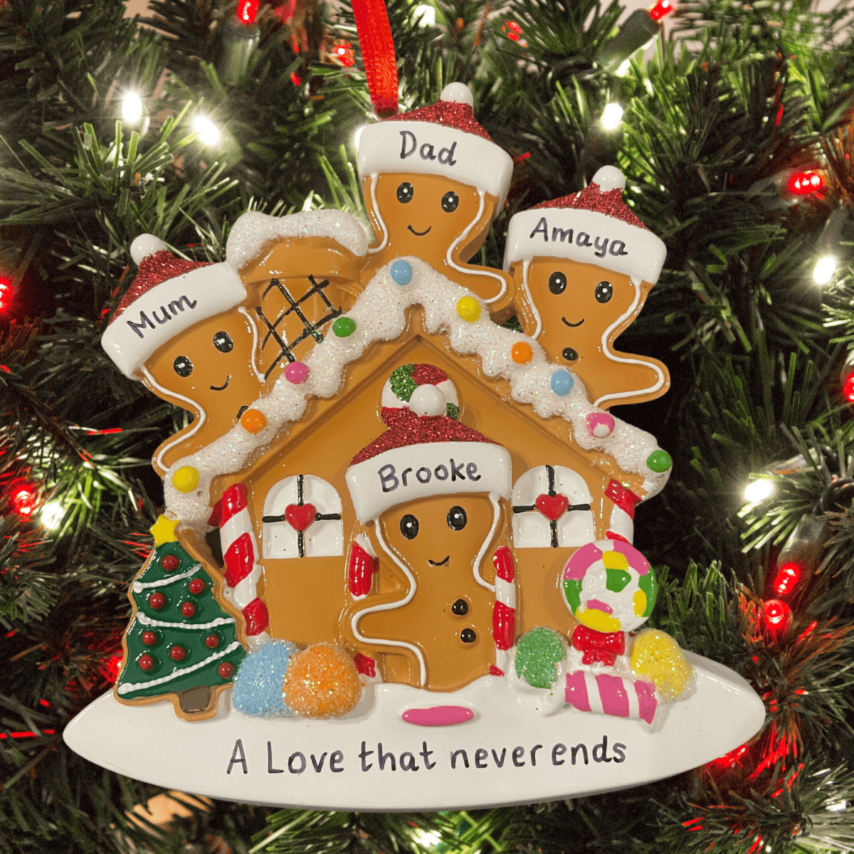 personalised gingerbread house tree decoration for a family of 4