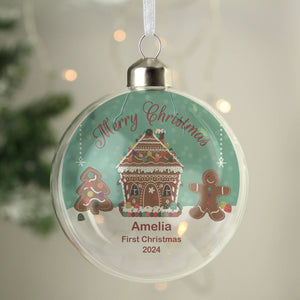 Personalised Gingerbread House Christmas Glass Bauble.