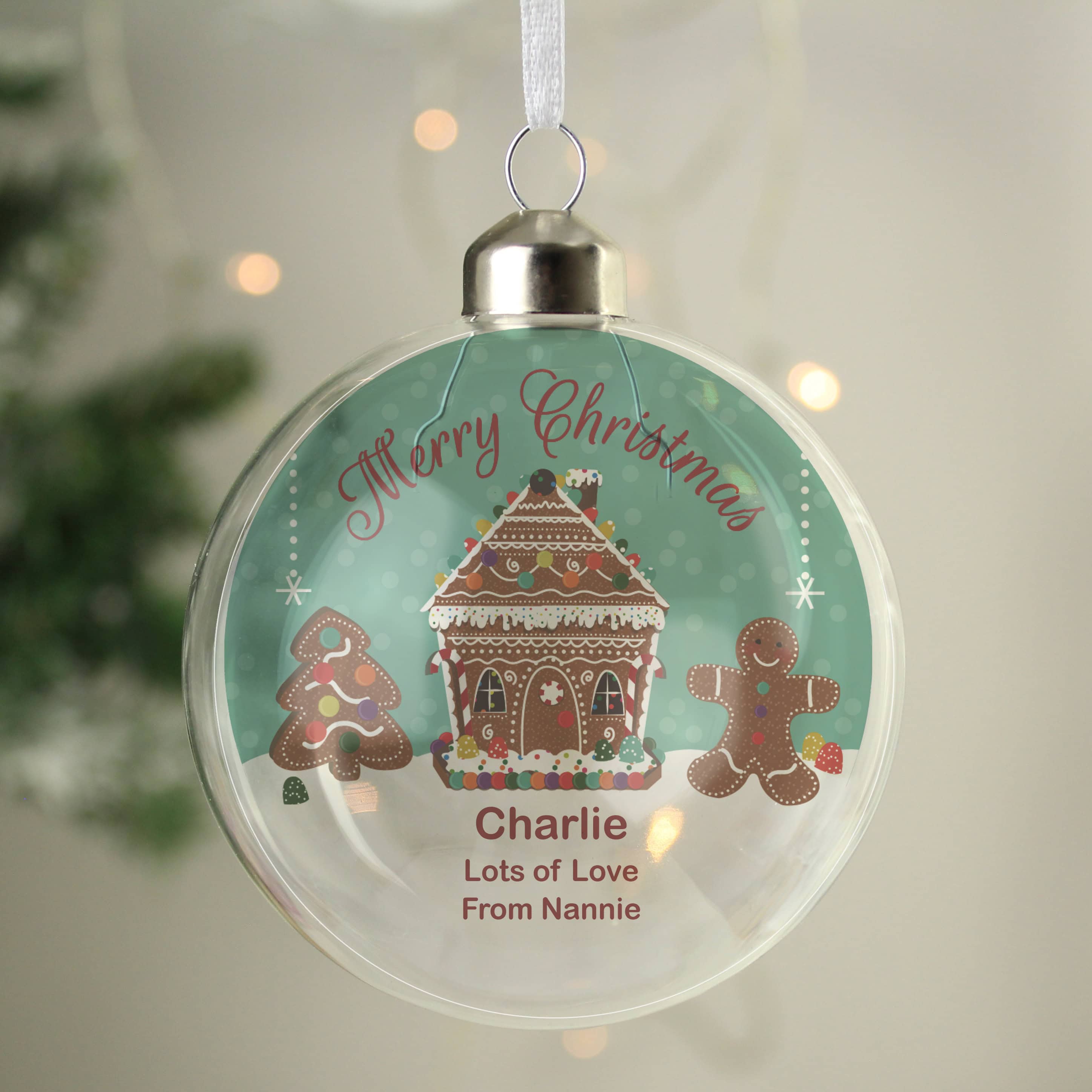 Personalised Gingerbread House Christmas Glass Bauble.