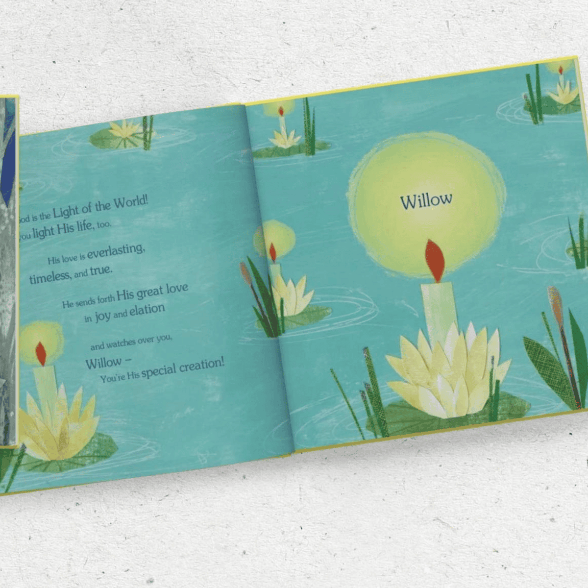 the inside of the God loves you personalised book showing the child's name on the page