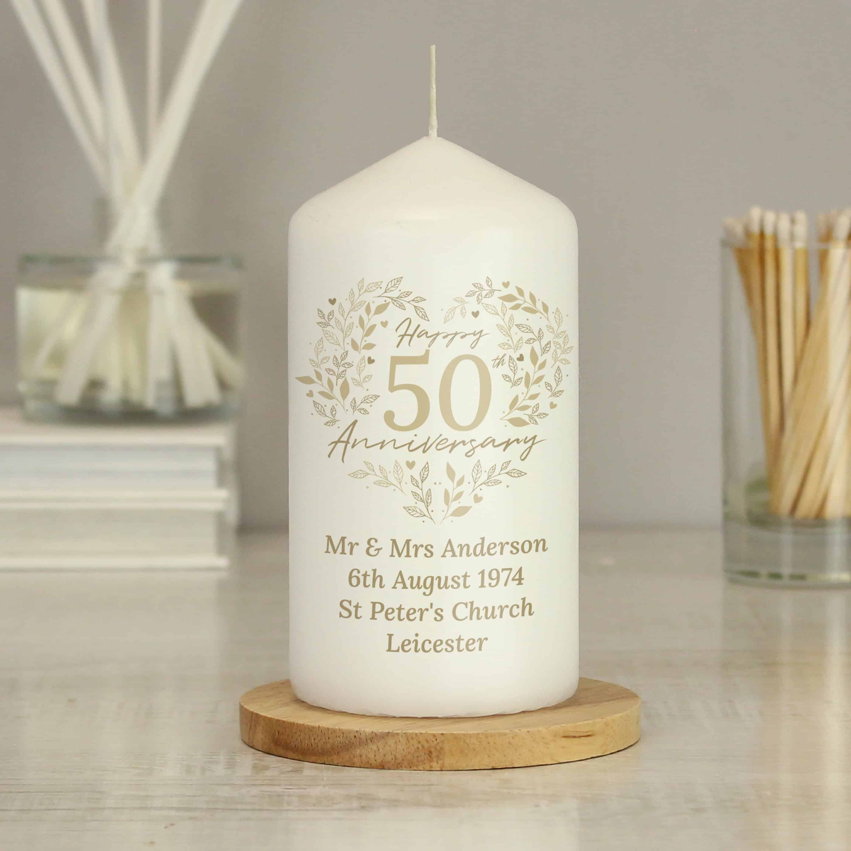 Personalised 50th Golden Wedding Anniversary Pillar Candle